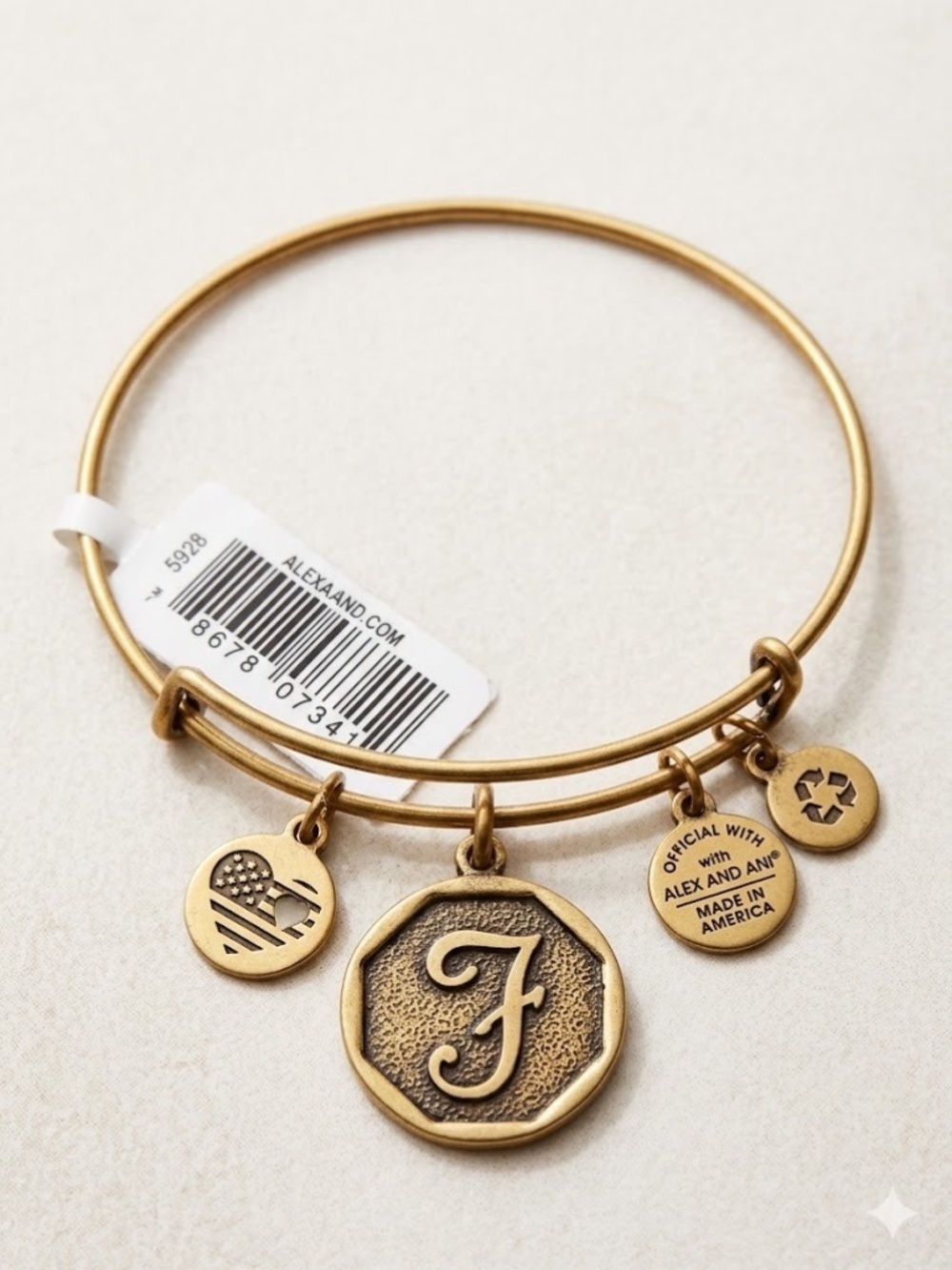 NWT Alex and Ani Script Initial "F" Expandable Bangle - Rafaelian Gold